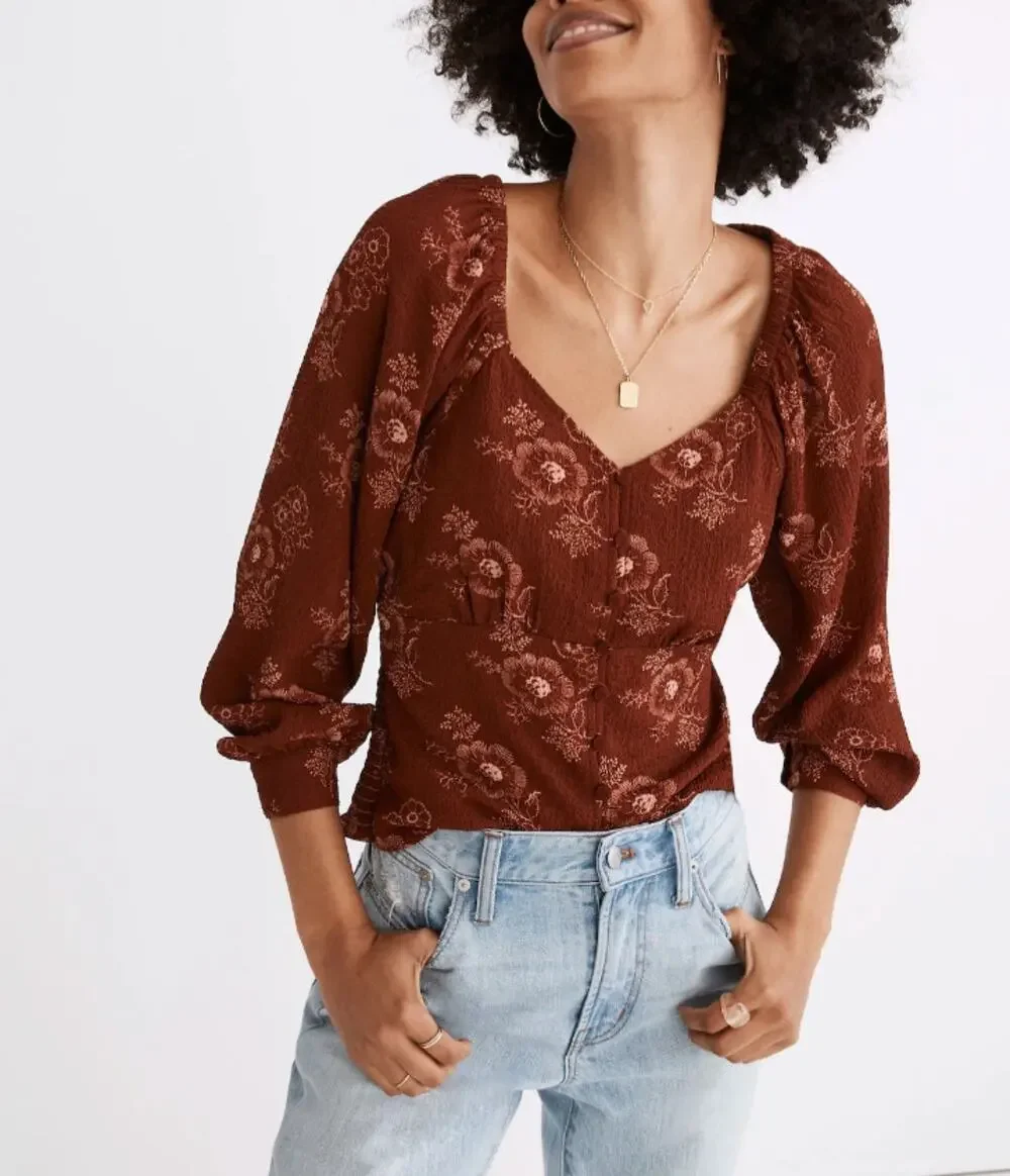 NWOT Madewell Preston Puff-Sleeve Top in Letterpress Floral XS